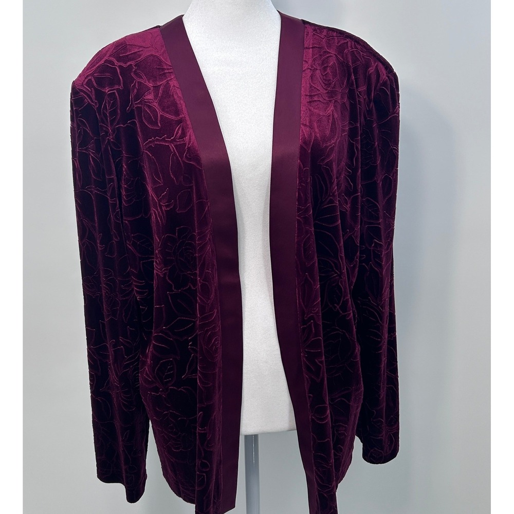 R&M Richards Womens Burgundy Floral Velvet Open Front Cardigan Jacket Size 18 - Picture 6 of 9
